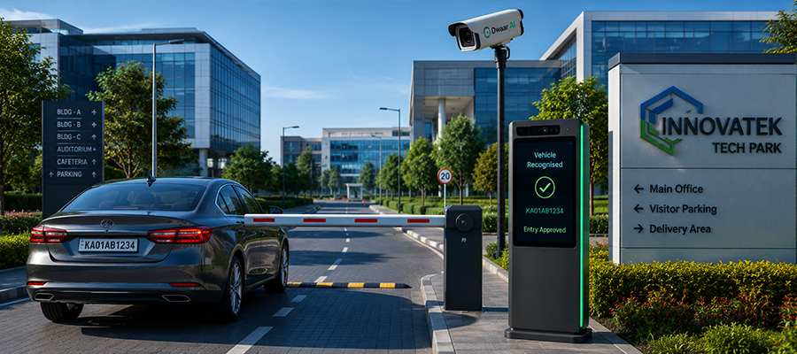 Corporate tech park entrance with a security barrier