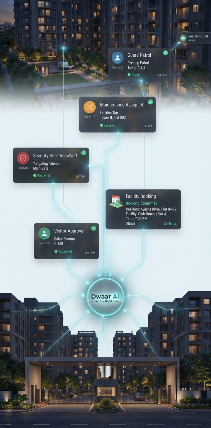 Illustration of a gated community at night with live activity cards for guard patrol, maintenance, security alerts and visitor approvals